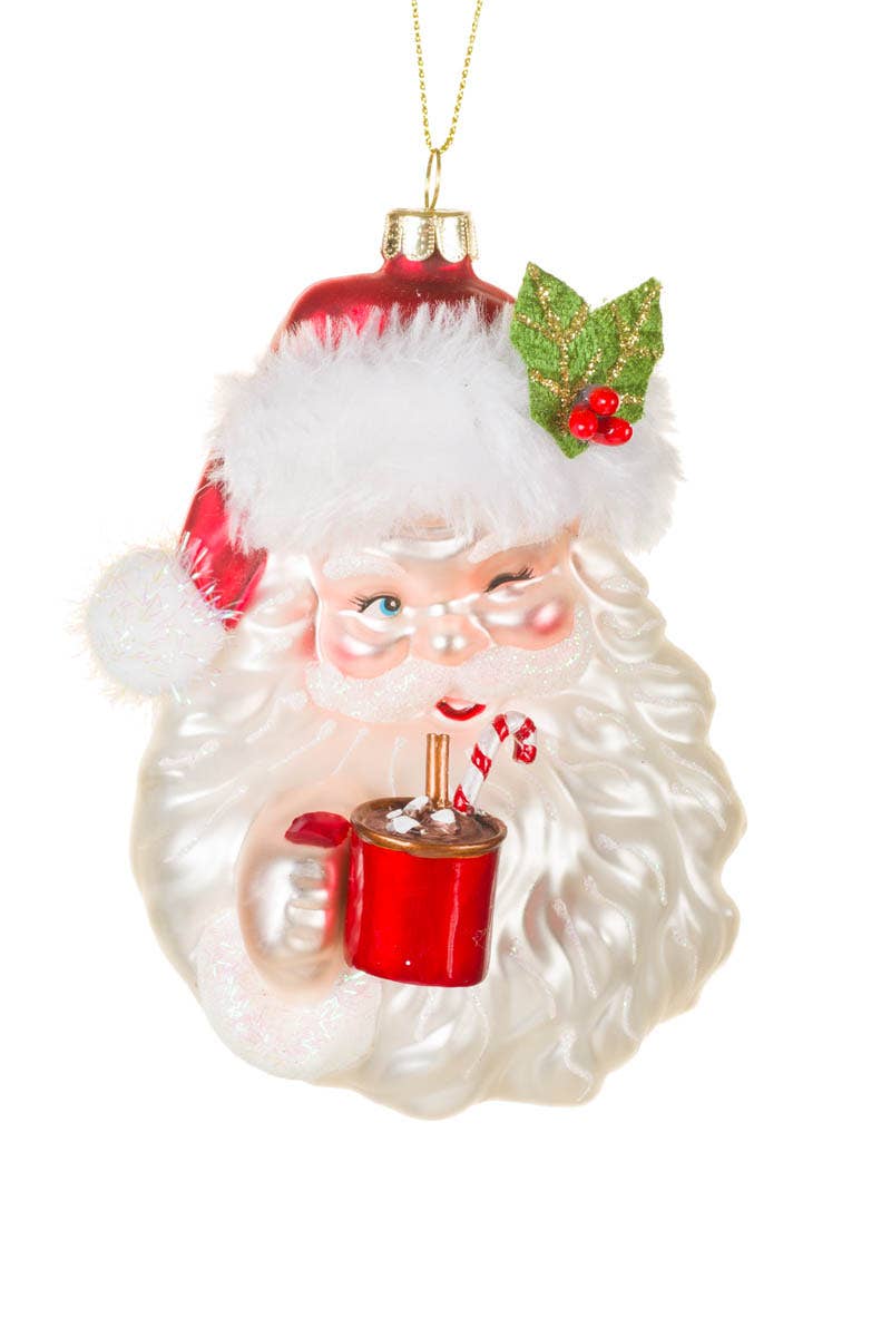 Starlight Collection - Wholesale Ornament - NEW-White Winking Santa Head Ornament With Hot Cocoa0
