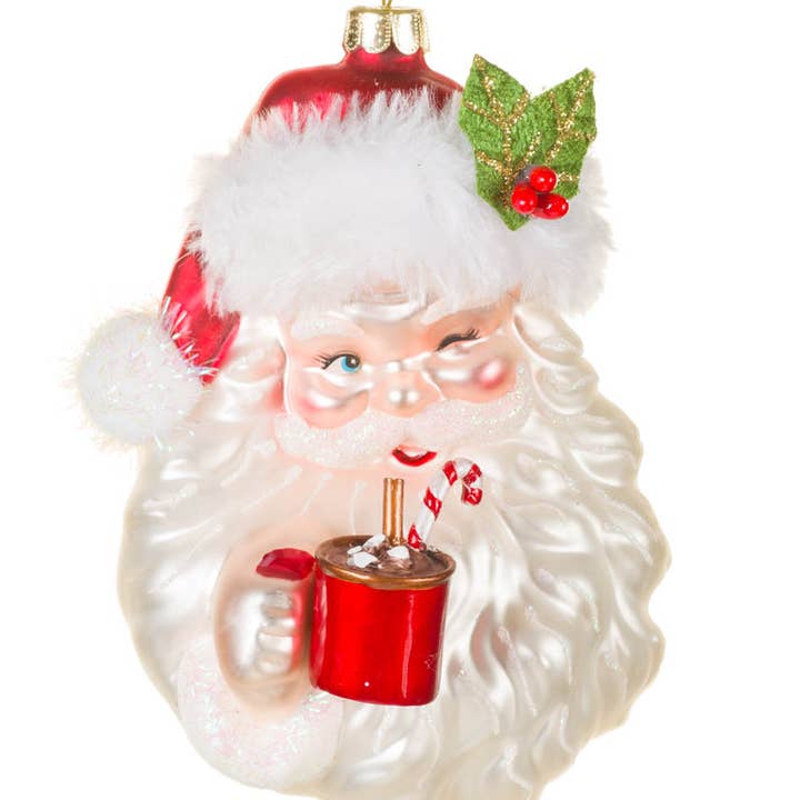 Starlight Collection - Wholesale Ornament - NEW-White Winking Santa Head Ornament With Hot Cocoa0