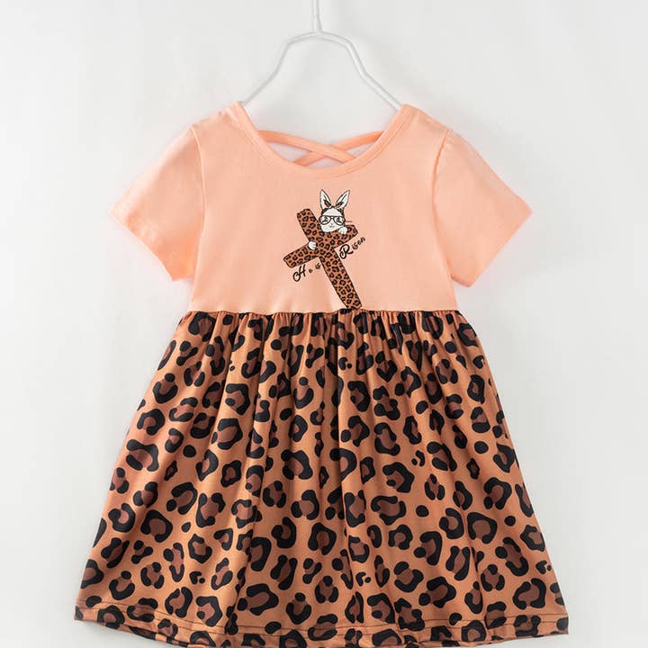 Braunes Twirlkleid mit Leopardenkreuz und Häschen für Mädchen mit Rüschen für den Großhandel von littleoneusa