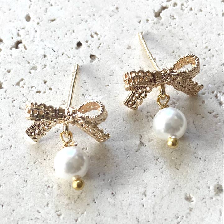 Bow ribbon lace jewelry shell pearl post stud earrings for wholesale by VB&CO Designs Handmade Jewelry