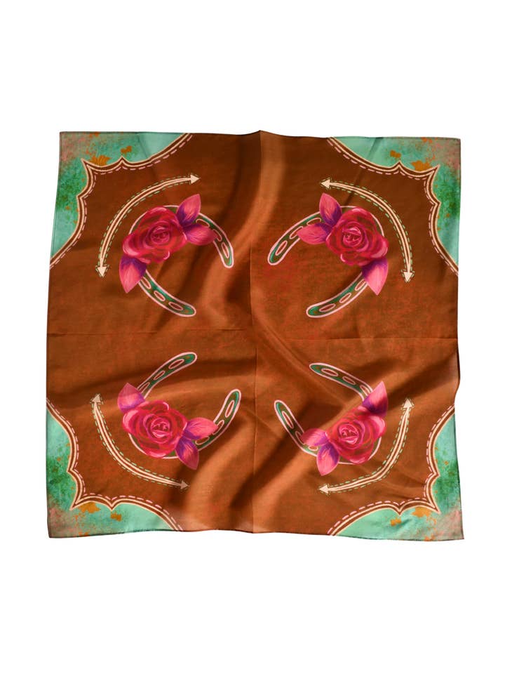Rodeo Rose in Copper Wild Rag Western Silk Scarf for wholesale by Tirzah Lane Art