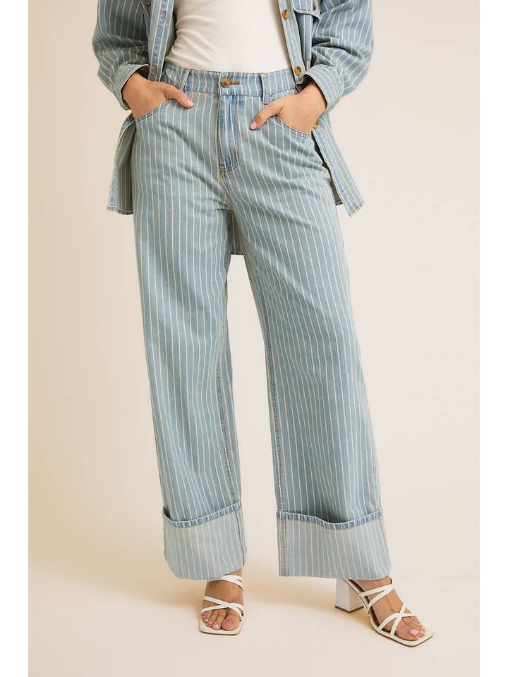 FLAP OPENING WIDE LEG STRIPE DENIM PANTS for wholesale on Faire