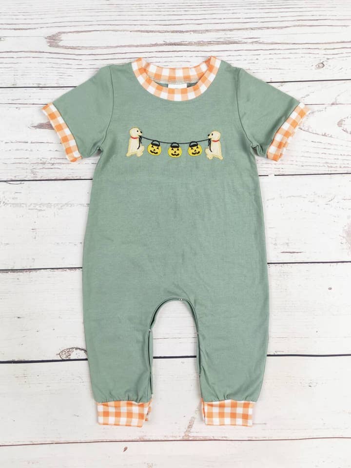 Baby Boy Pumpkin Appliqué Halloween Romper for wholesale by sassy kids palace