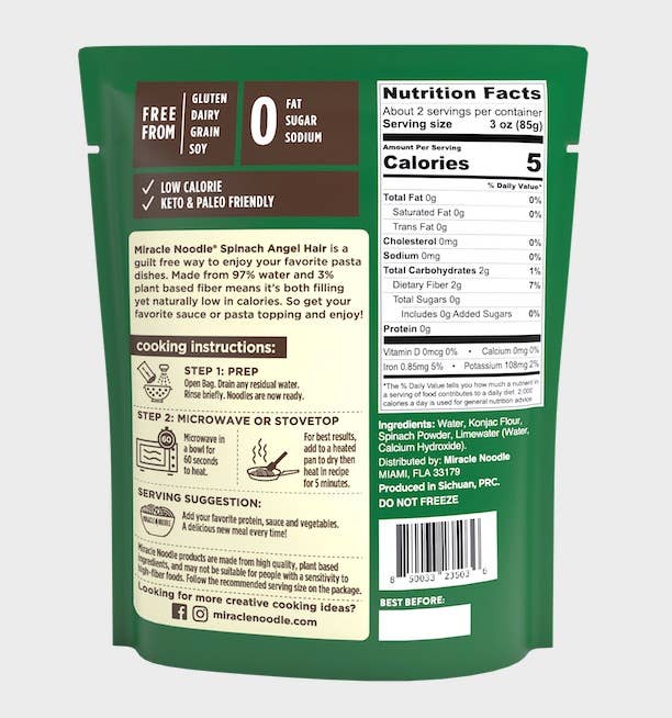 Miracle Noodle - Wholesale Pasta - Ready to Eat Spinach Angel Hair1