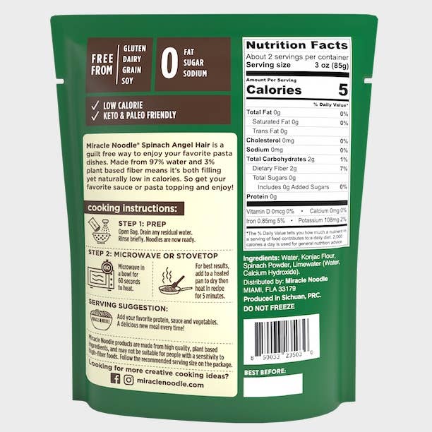 Miracle Noodle – Massa por atacado – Pronto a Comer Espinafres Cabelos An1