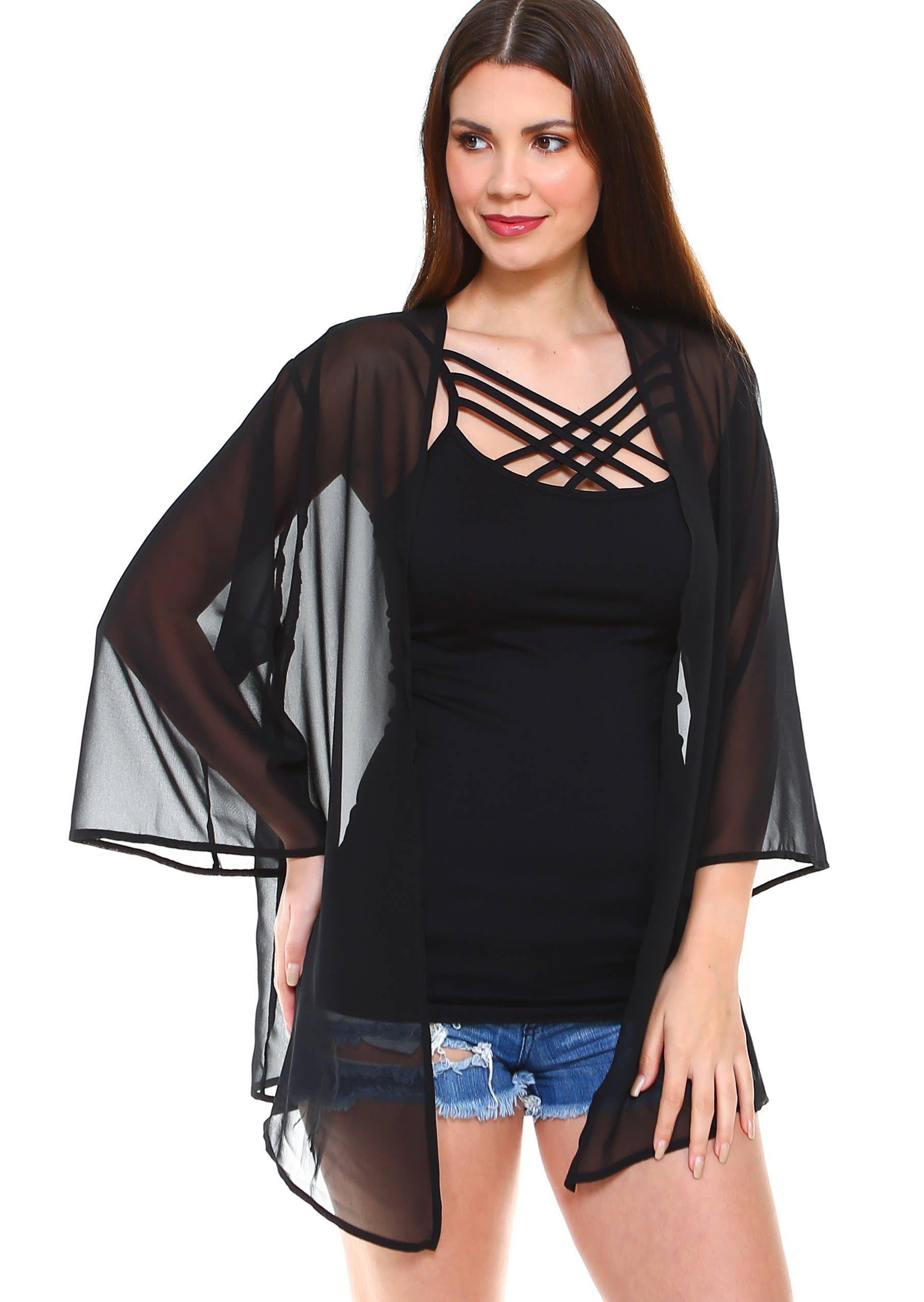 Shop Lev - Vendita all'ingrosso Kimono - Donna - Cardigan oversize con maniche a kimono in chiffon tinta unita1