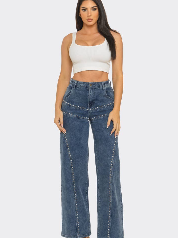 LA1011-2 Nova Nietenbesetzte Weitbein-Jeans für den Großhandel von L.A girl jeans inc