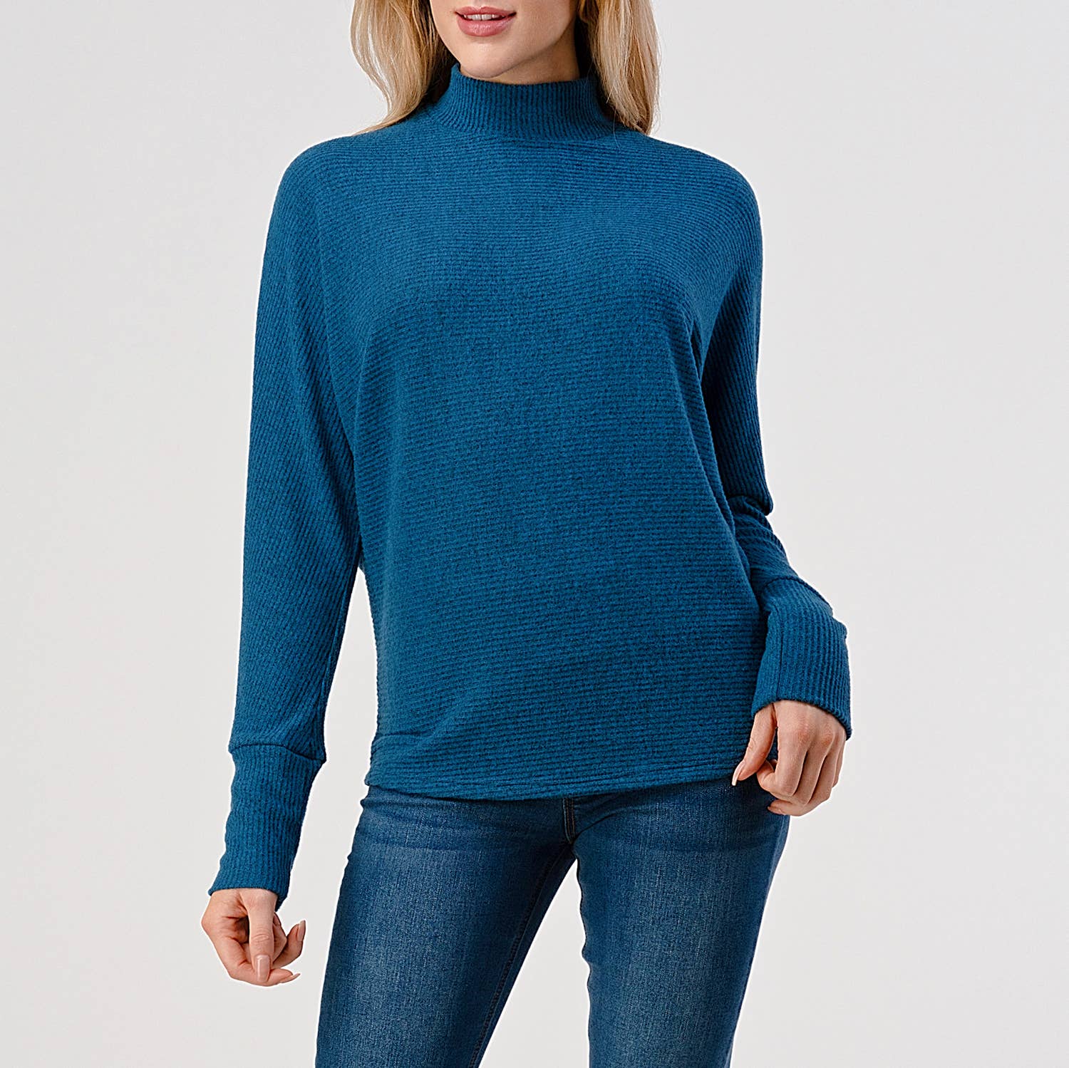 Heimious - Wholesale Knit Top - Women's - Mock Neck Long Dolman Sleeve Ribbed Knit Top, T26121