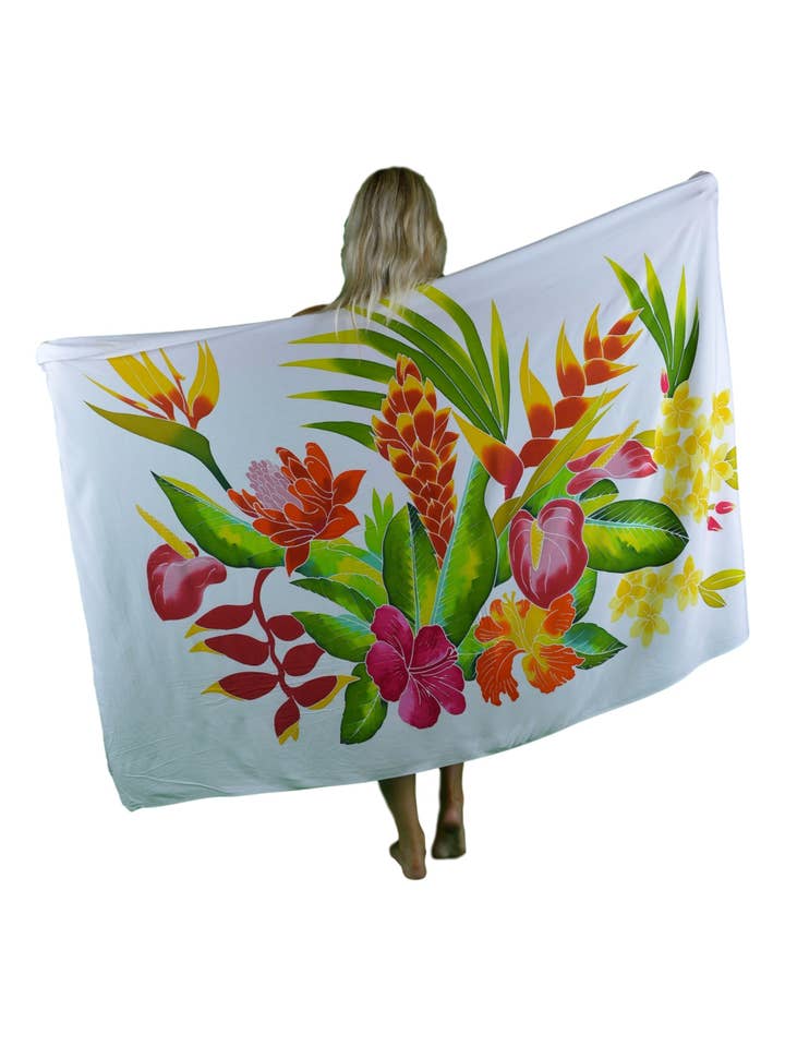 Island Style Clothing Co by Akamai Distribution Ltd - Wholesale Swim Cover Up - Women's - Batik Sarong | Handpainted Flowers | Tropical White | Pareo