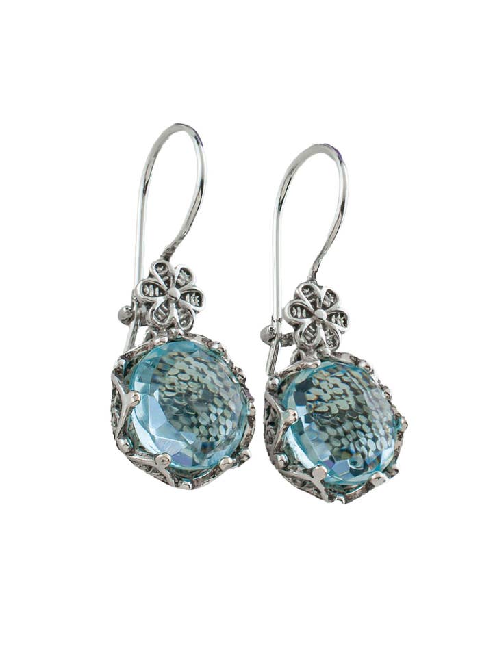 Pendientes colgantes delicados de plata de ley con topacio azul para mujer con filigree art para venta al por mayor de Filigranist Jewelry