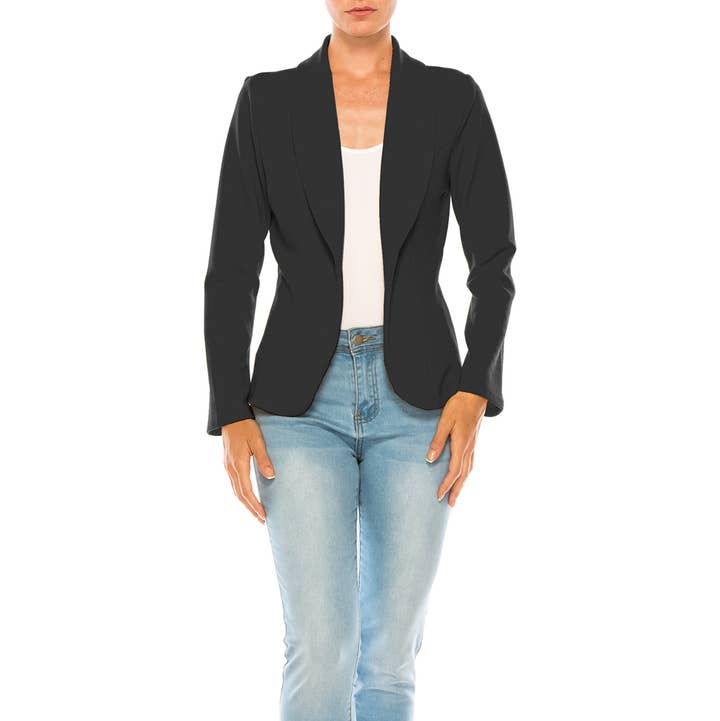 Women’s Solid Open Front Fitted Blazer Jacket – Waist Length for wholesale by MOA COLLECTION