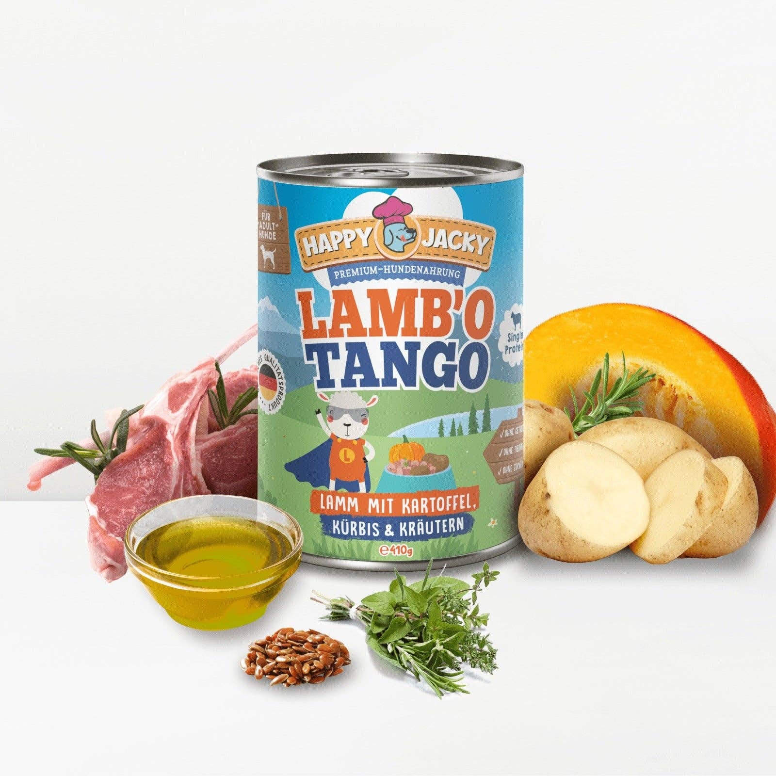 HAPPY JACKY - Vente Nourriture – chien - HAPPY JACKY | nourriture humide extra sensible et haut de gamme pour chiens sans céréales | agneau avec pommes de terre, potiron et herbes | sans conservateurs, sans sucre1