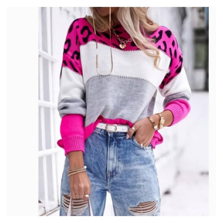 Color Block Leopard Print Round Neck Sweater for wholesale by Plush Looks