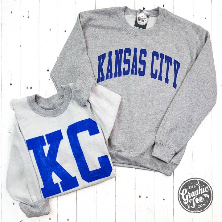 *WHOLESALE* Kansas City Royal Blue Ink Reversible Sport Grey Crewneck Sweatshirt for wholesale by The Graphic Tee