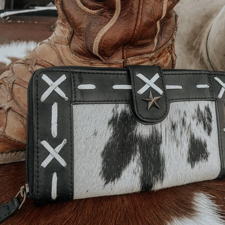 Texas Western Cowhide Bags and More - Wholesale Wallet - Women's - Cross Stiched Leather Cowhide Womens Wallet
