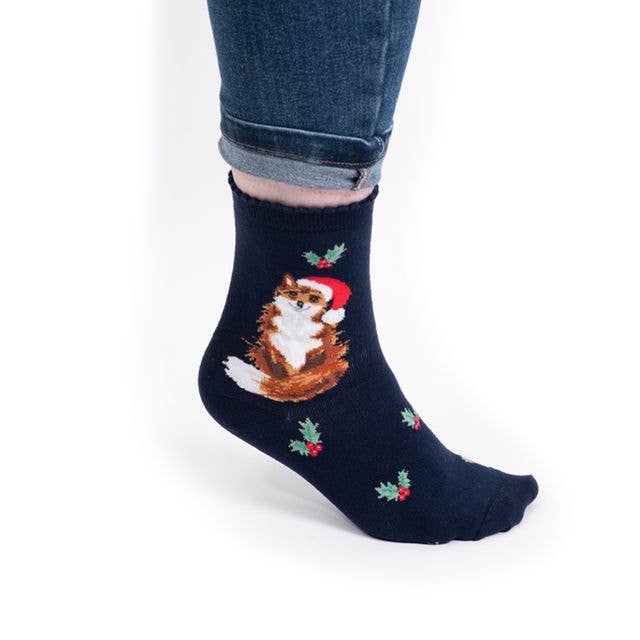 Wrendale Designs - Wholesale Socks - Women's - Christmas Sock - Festive Fox - Navy1