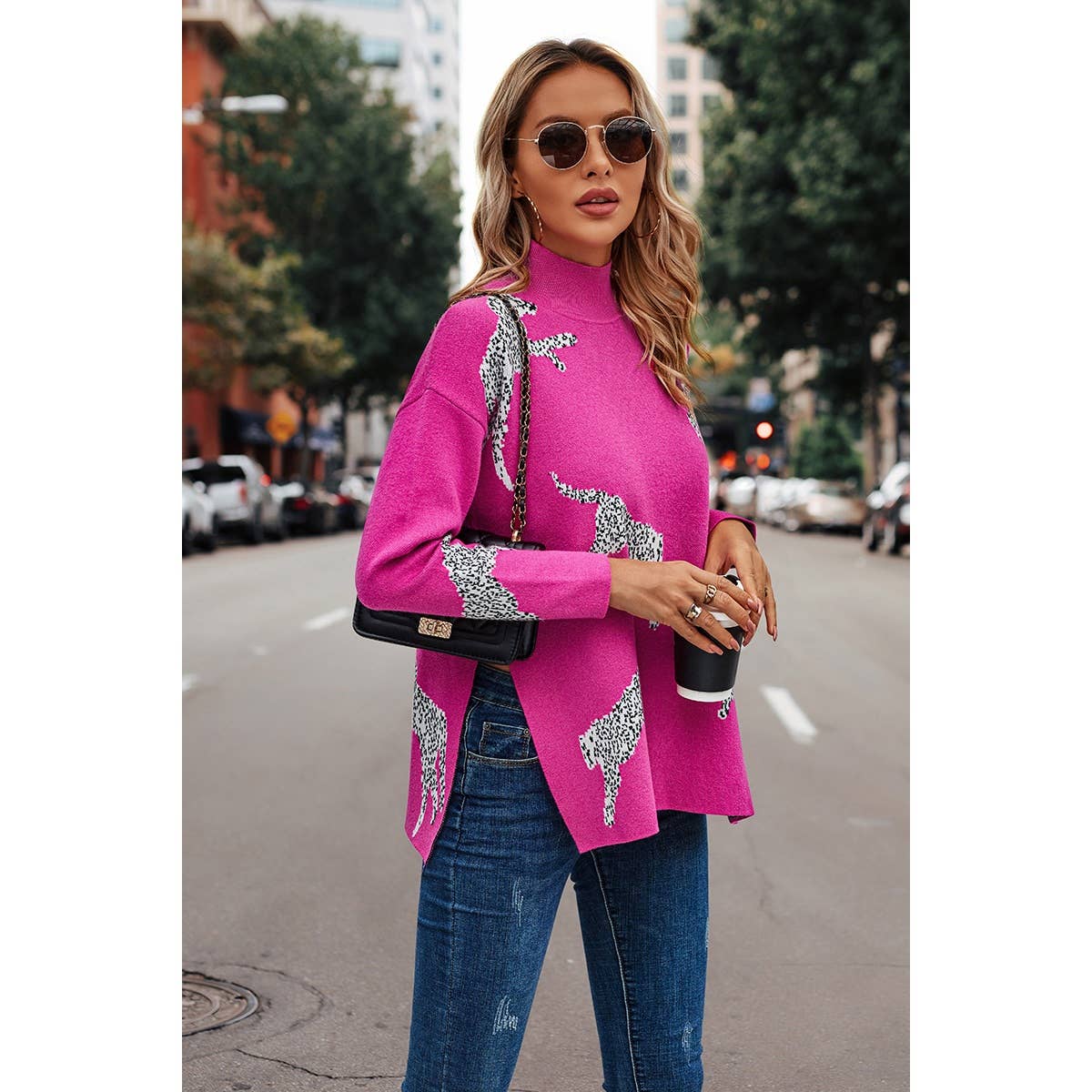 FUCHSIA Leopard Turtleneck Drop Shoulder Knit Sweater for wholesale on Faire1