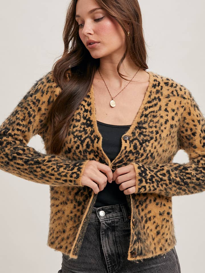 Bluivy - Wholesale Cardigan - Women's - LEOPARD BUTTON DOWN KNIT CARDIGAN