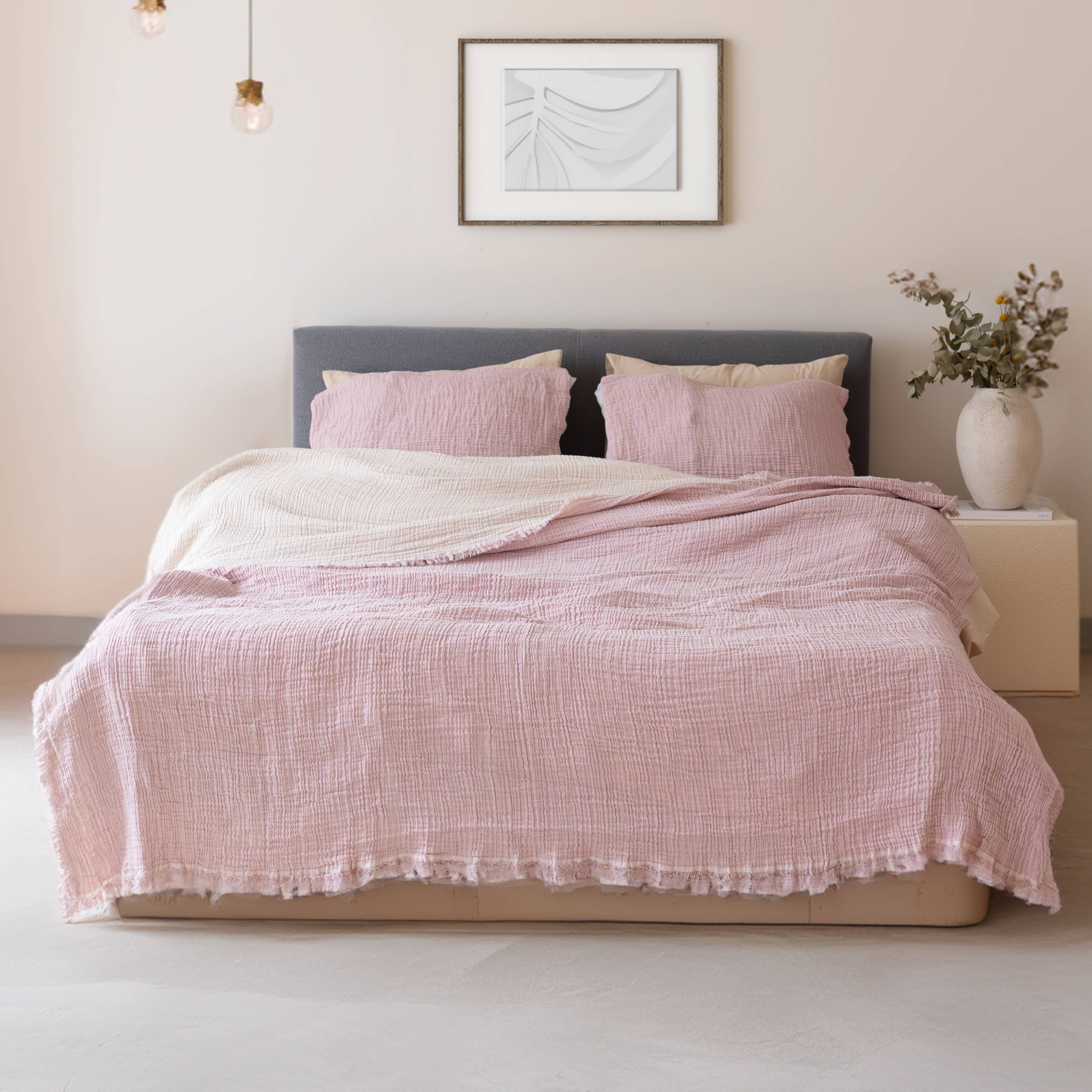 Vivamaison - Vente Plaids - Couvre-lit en mousseline frangé 100 % coton doux, 4 couches premium96