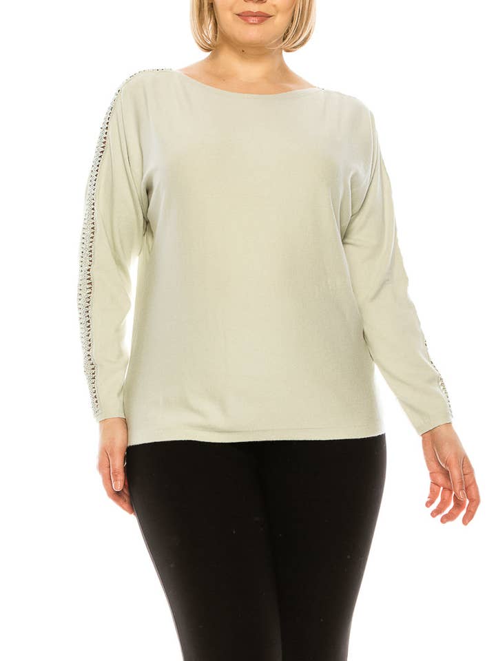 SIONI Boat Neck Straight Hem Knit Long Sleeve Top with Trim Detail for wholesale by New Yorker's Apparel
