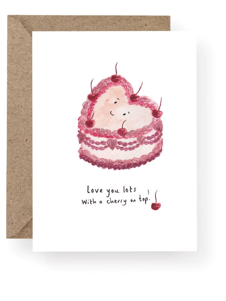 Love Heart Cake 'Love you lots with a Cherry on top!' Card for wholesale by Western Sketch