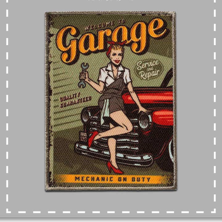 brown Iron-on Patch - Pin Up Girl Vintage Garage for wholesale on Faire1