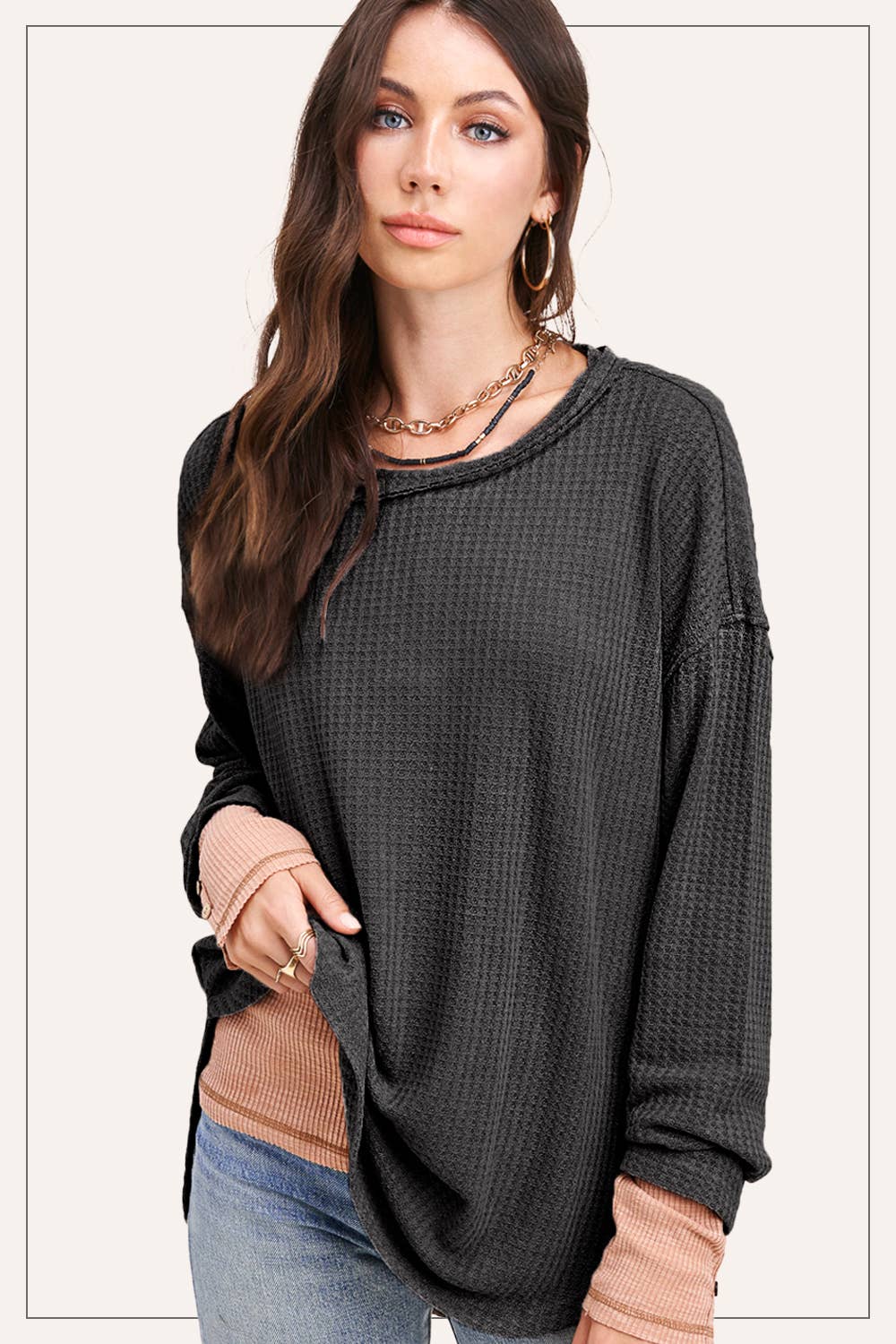 La Miel - Wholesale Tunic - Women's - HAT7566-Brushed Waffle Fabric Loose Fit Long Sleeve Top14