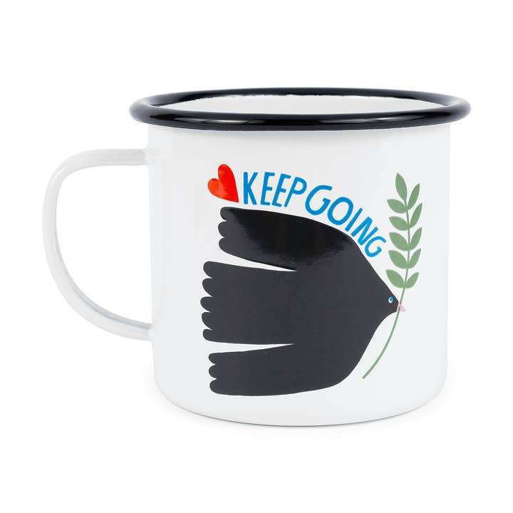 Lisa Congdon x CCH Keep Going Enamelware 16 oz Large Mug for wholesale by Crow Canyon Home