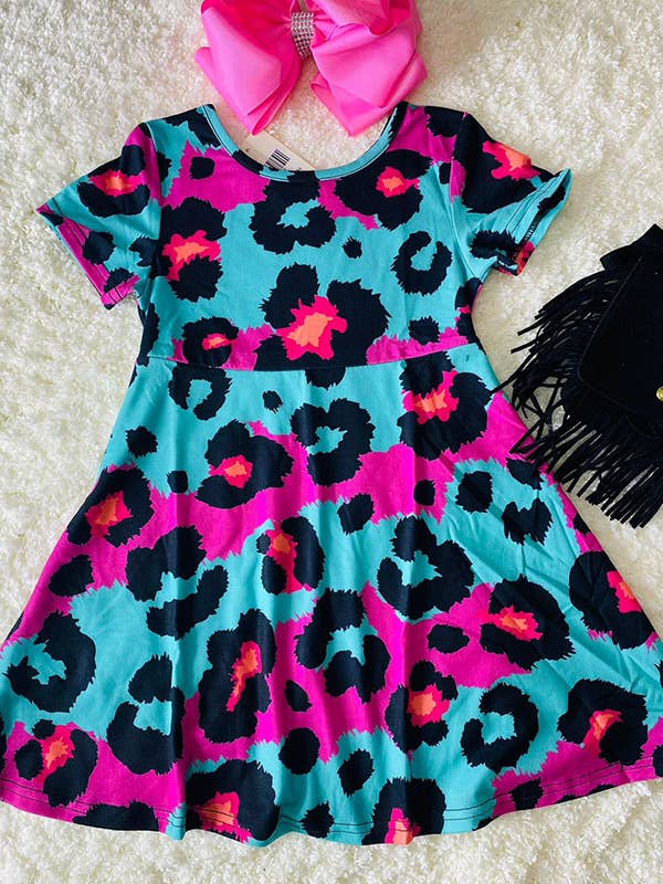 XCH0020-2H Turquoise & Pink leopard prints girls dress for wholesale by luluclothes
