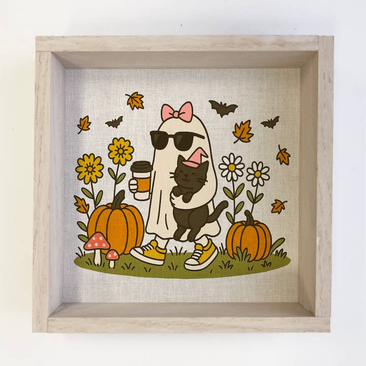 Cozy Ghost and Coffee Cat - Cute Fall Canvas Art - Framed for wholesale by Hangout Home