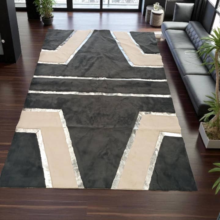 Dark Grey Silver Geometric Plush Area Rug, Modern Living Room Carpet for wholesale by Karelias And Sons