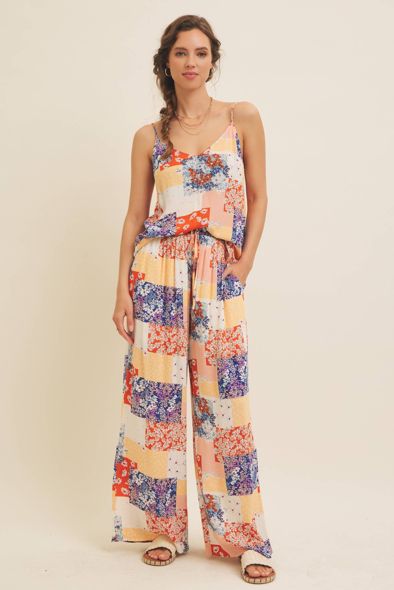 DENIM MULTI SOFT RAYON GAUZE FLORAL PATCHWORK WIDE LEG PANTS WITH POCKET for wholesale on Faire10