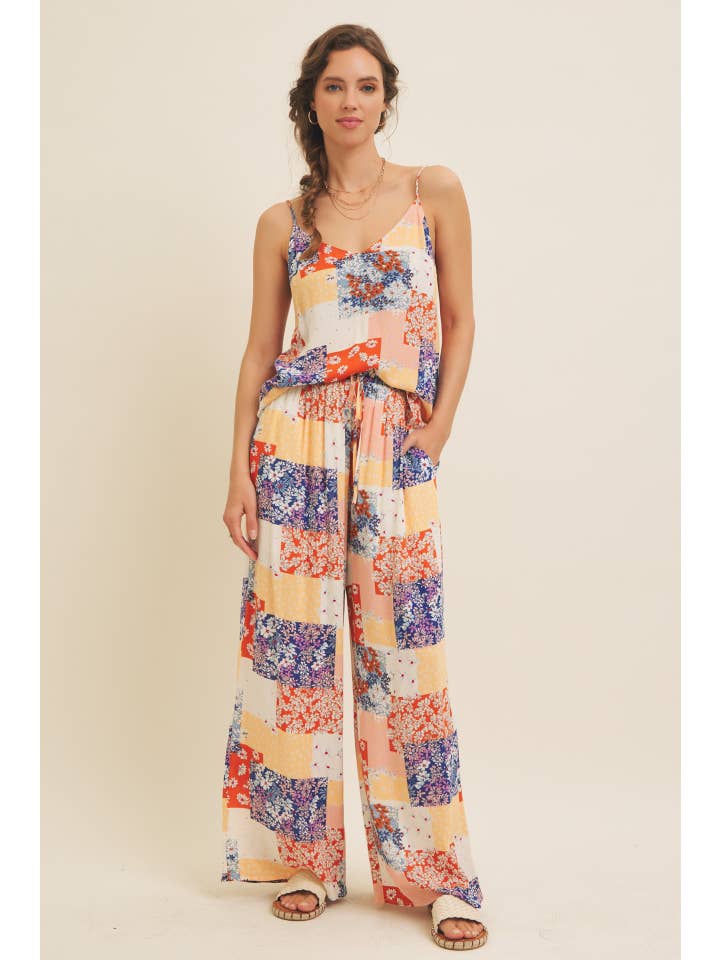 DENIM MULTI SOFT RAYON GAUZE FLORAL PATCHWORK WIDE LEG PANTS WITH POCKET for wholesale on Faire10