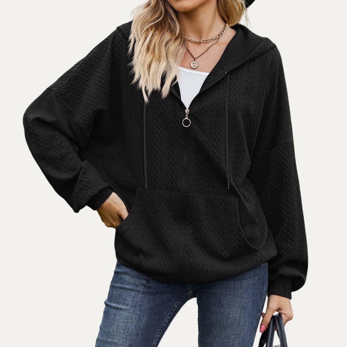 The Moment Collection - Wholesale Jacket - Women's - Leisure Days Textured Oversize Zip-Up Hooded Jacket9