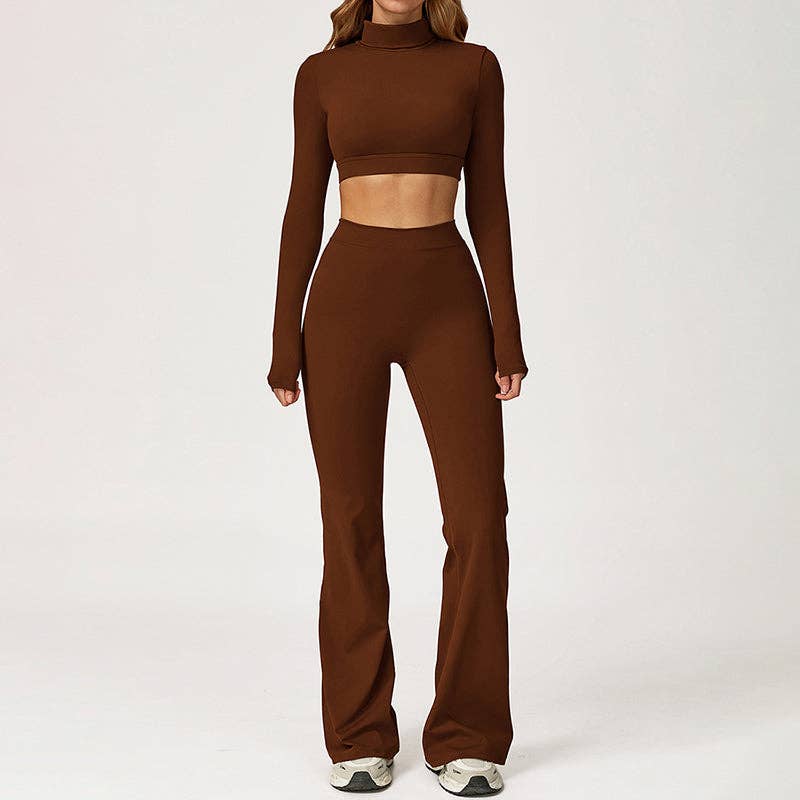 WONDERXFANS - Wholesale Activewear Set - Women's - High-Neck Cropped Long Sleeve + Flared Leg Pants 2-Piece Set19
