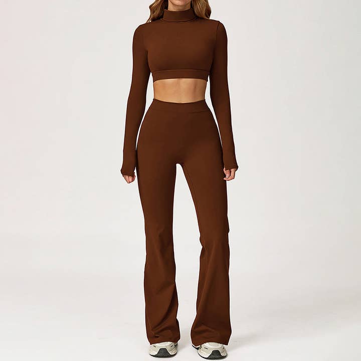 WONDERXFANS - Wholesale Activewear Set - Women's - High-Neck Cropped Long Sleeve + Flared Leg Pants 2-Piece Set19