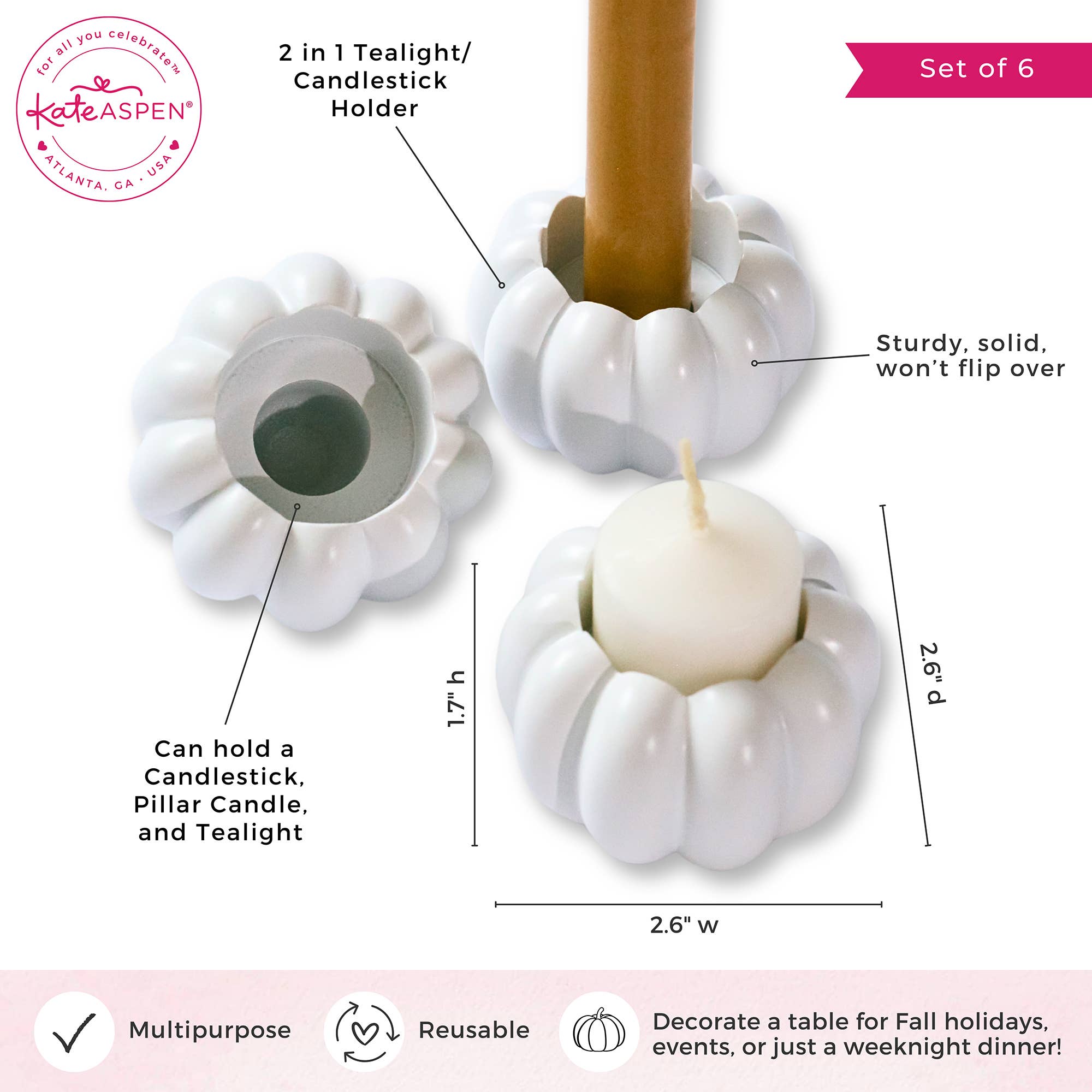 Kate Aspen - Wholesale Candle Holder - 2-in-1 Pumpkin Tealight/Candlestick Holder (Set of 6) - White5