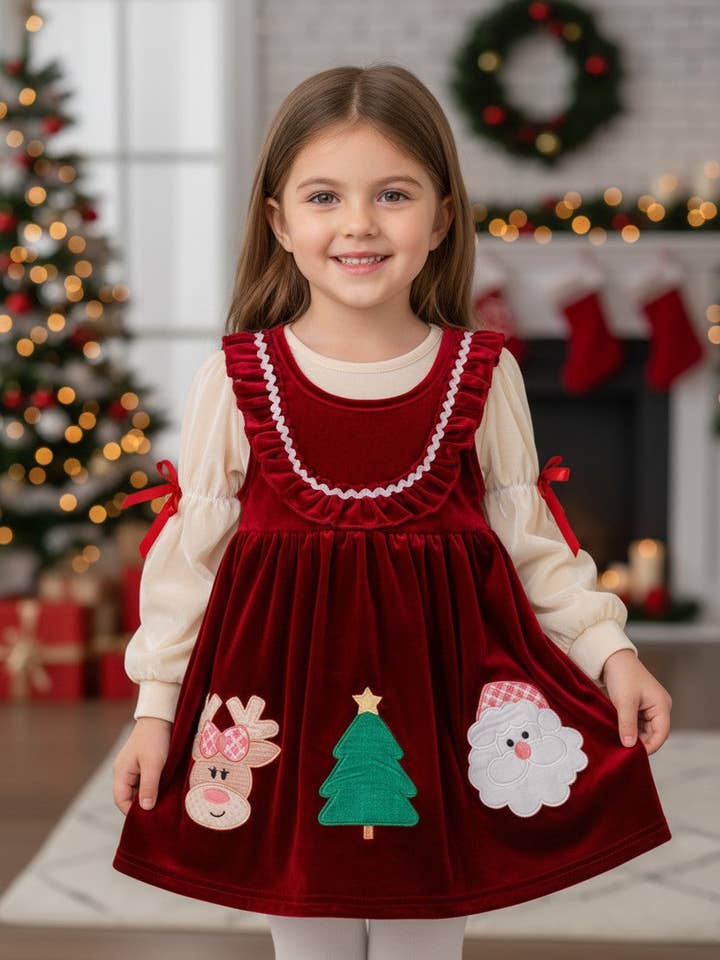 Maroon velvety Christmas dress with under shirt. OFG51673 AMY for wholesale by Kids Charm Online