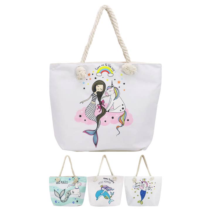 Cap Zone – wholesale Tote bag – Women's – Unicorn And Mermaid Zippered Canvas Tote Bag3