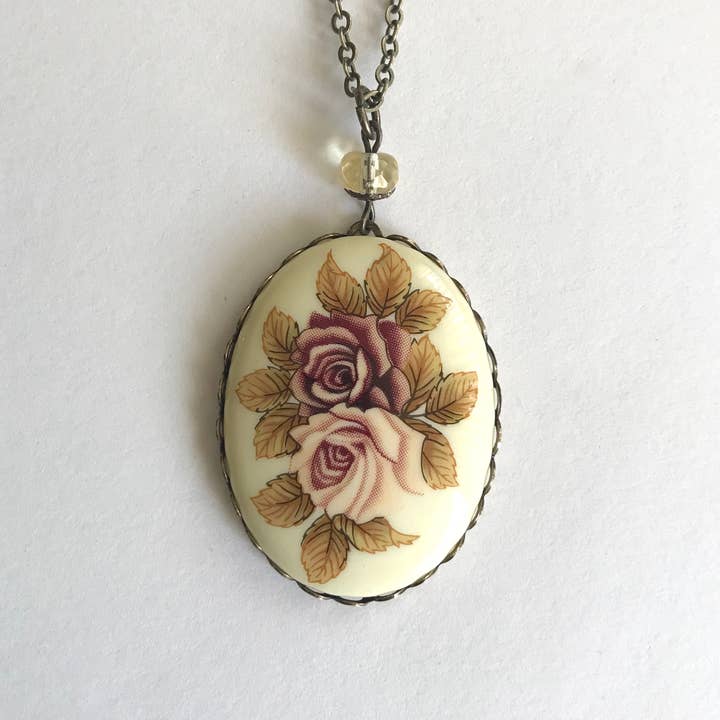 Botanical Bird - Wholesale Pendant/Charm Necklace - Rose cameo necklace, vintage porcelain cabochon pendant, 24"
