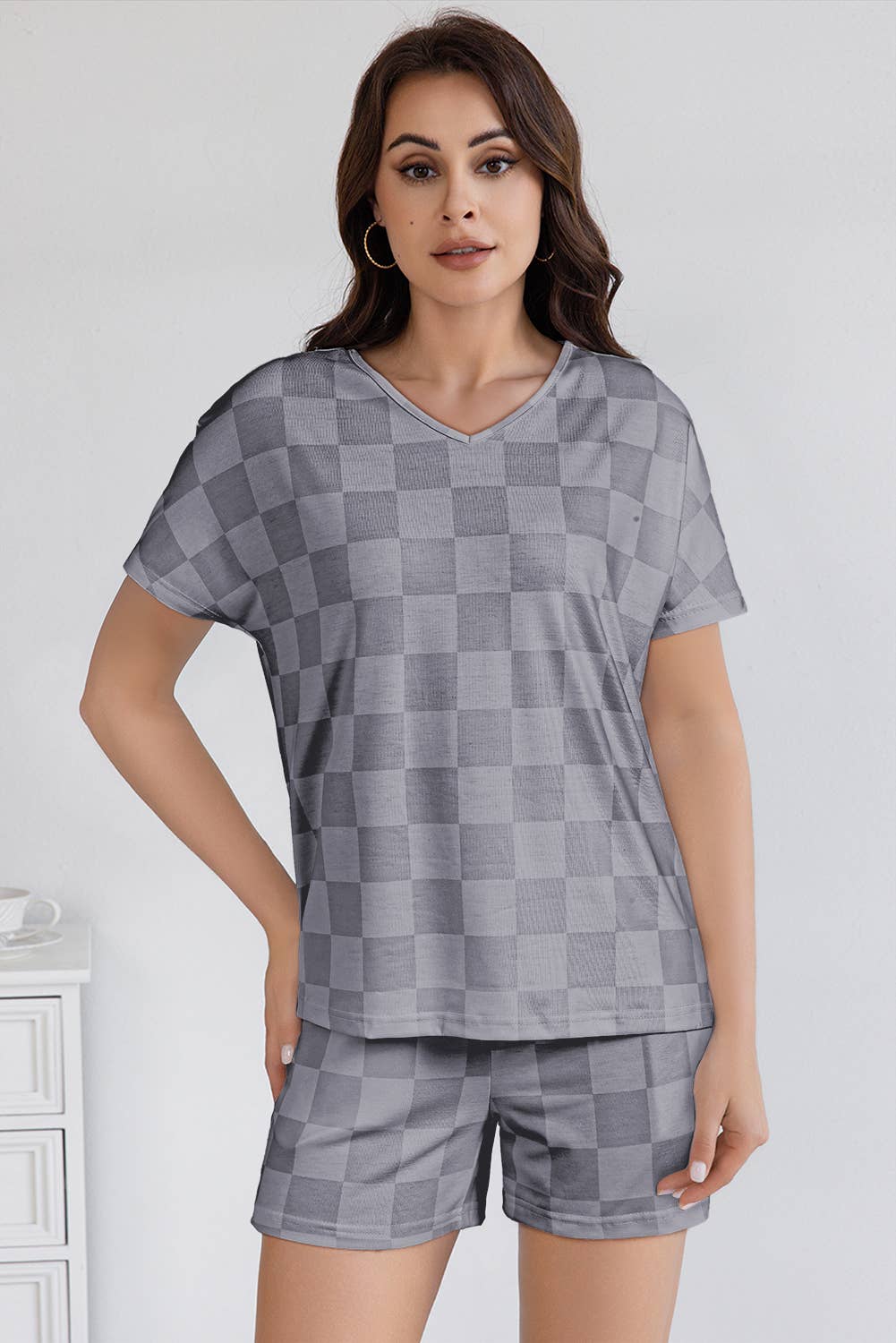 LA Society - Wholesale Lounge Set - Women's - Checkered V Neck Tee and Drawstring Shorts Lounge Set2