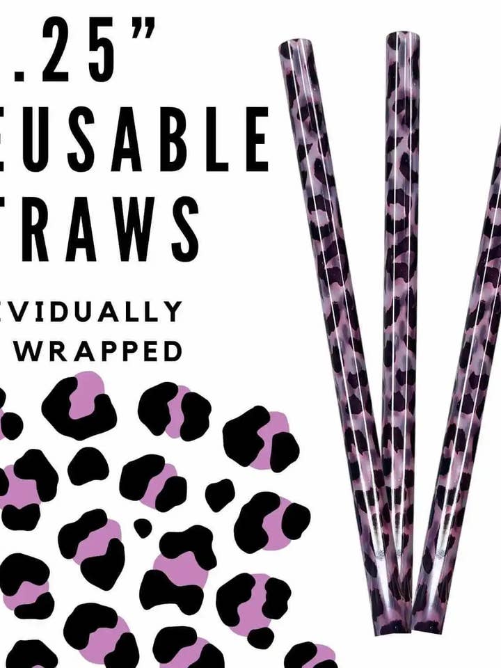 Purple Leopard 10.25" Printed Reusable Straws WRAPPED for wholesale by Sip Sleeves ~ Insulated Cup Sleeves and Drink Accessories