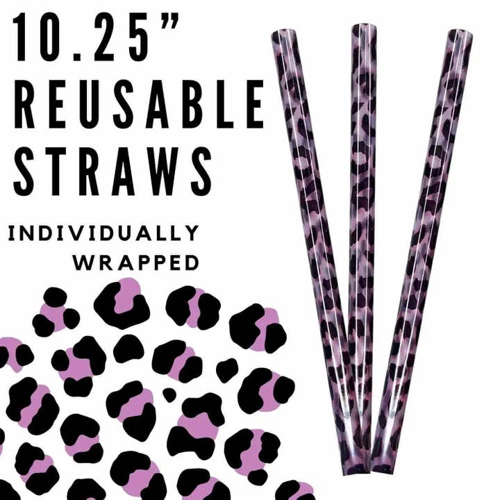 Purple Leopard 10.25" Printed Reusable Straws WRAPPED for wholesale by Sip Sleeves ~ Insulated Cup Sleeves and Drink Accessories