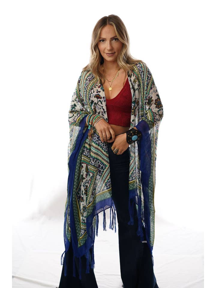 Three Bird Nest - Wholesale Kimono - Women's - Riviera Border Print Kimono - Blue