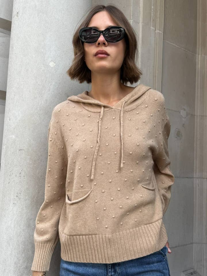 Frankie - Lightweight Hooded Jumper In Camel for wholesale by Y LONDON