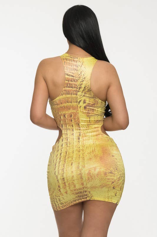 Moutarde Mini-robe à découpes latérales à imprimé serpent en vente sur Faire2