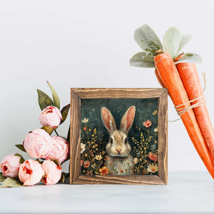 Letrero enmarcado con estampado floral de conejito para venta al por mayor de Teele and Co.