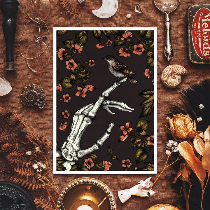 Skeleton and Sparrow - Giclée Art Print for wholesale by Print is Dead