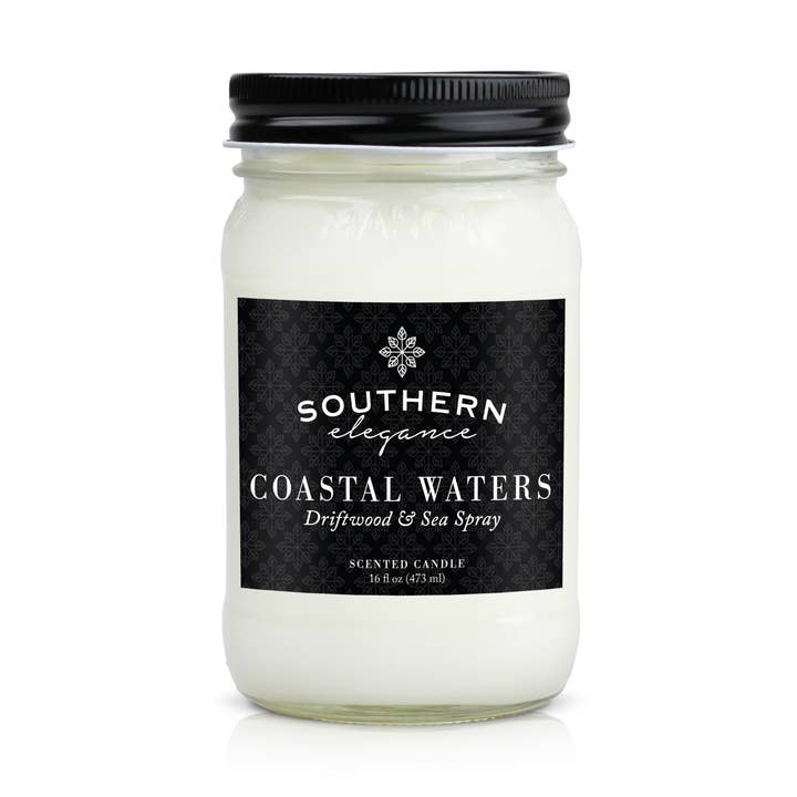 Coastal Waters: Driftwood & Sea Spray Mason Jar Candle for wholesale by Southern Elegance Candle Co.