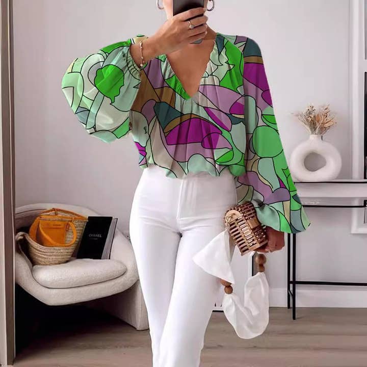 Chicto - Wholesale Blouse - Women's - Printed V-Neck Long Sleeve Shirt Elegant Women's Loose Solid